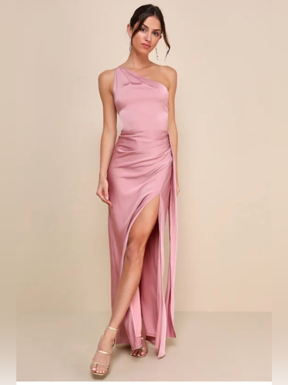 NWT Lulus Signature Rose Pink Satin One-Shoulder Maxi Formal Gown Dress - M